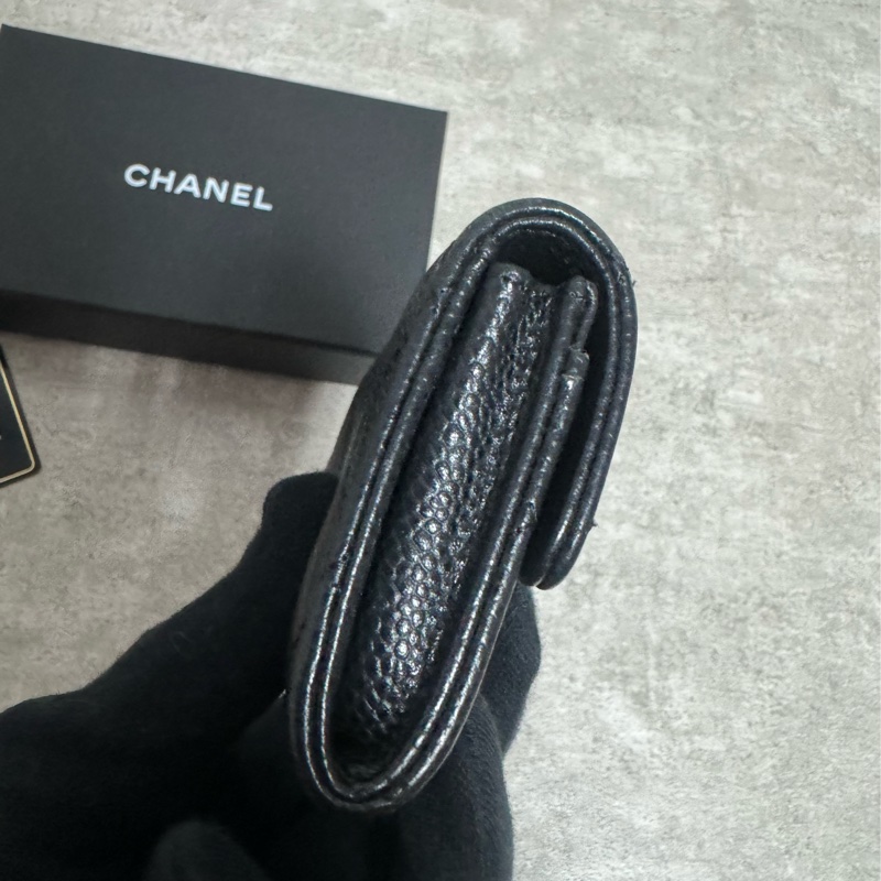正品 Chanel 經典黑金荔枝皮cf款零錢包-9