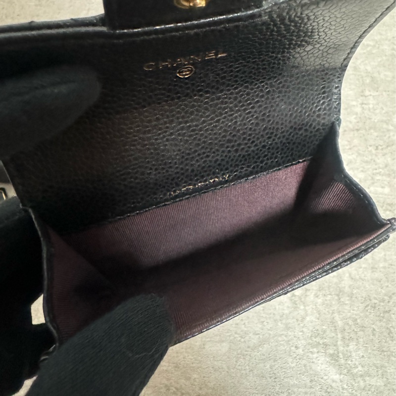 正品 Chanel 經典黑金荔枝皮cf款零錢包-10