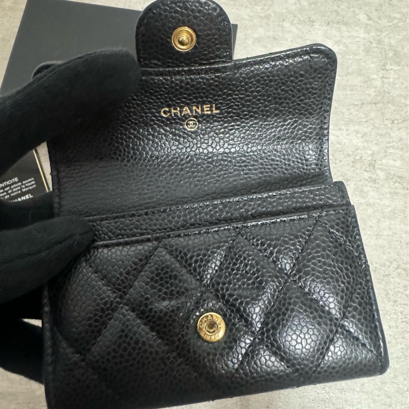 正品 Chanel 經典黑金荔枝皮cf款零錢包-12