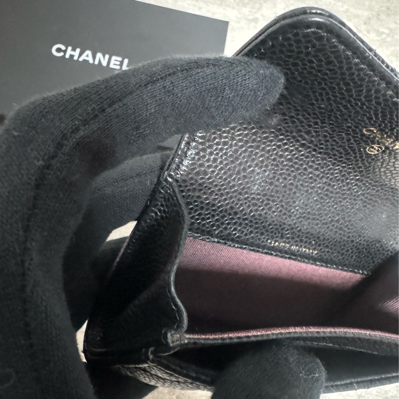 正品 Chanel 經典黑金荔枝皮cf款零錢包-13