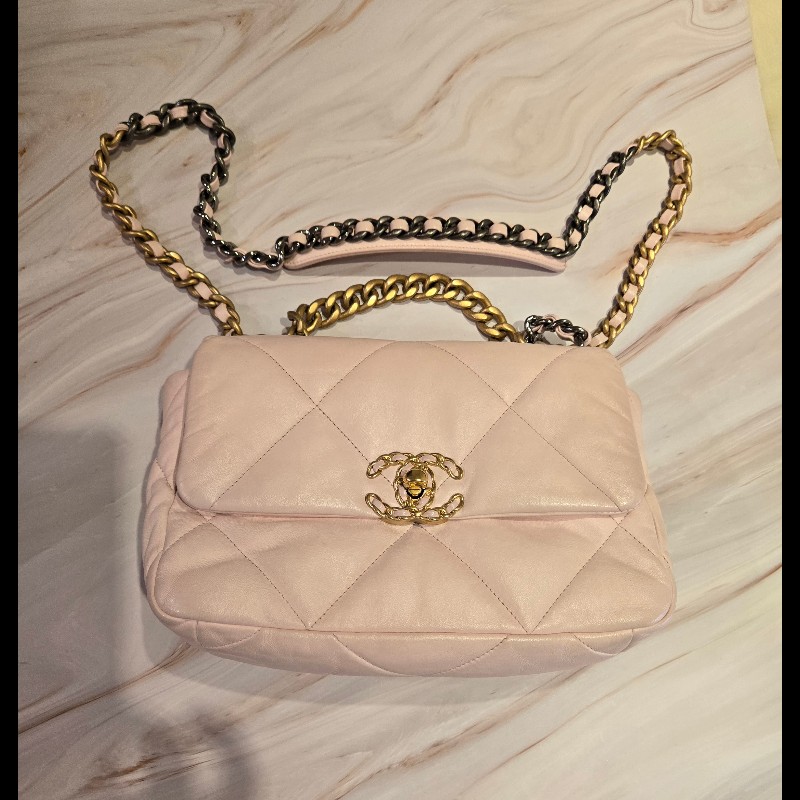 Chanel 19 口蓋包櫻花粉淺粉色26cm晶片款-0