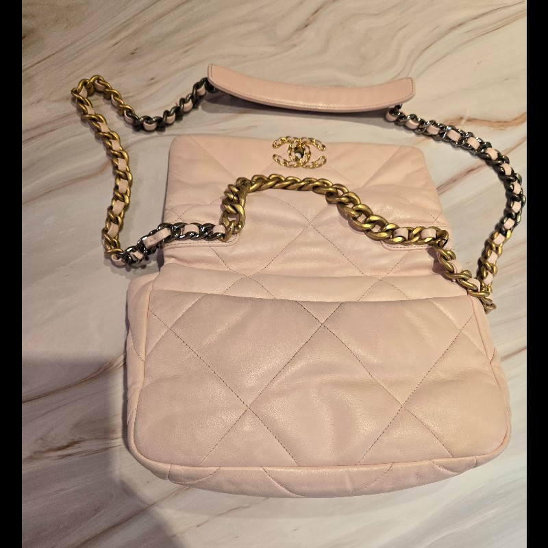 Chanel 19 口蓋包櫻花粉淺粉色26cm晶片款-2