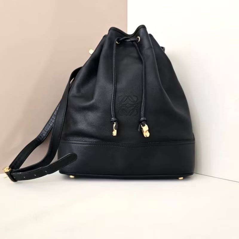 【LA LUNE】絕版古董包 Loewe 黑色中古水桶包 單肩包 皮革包 斜背復古二手包-0
