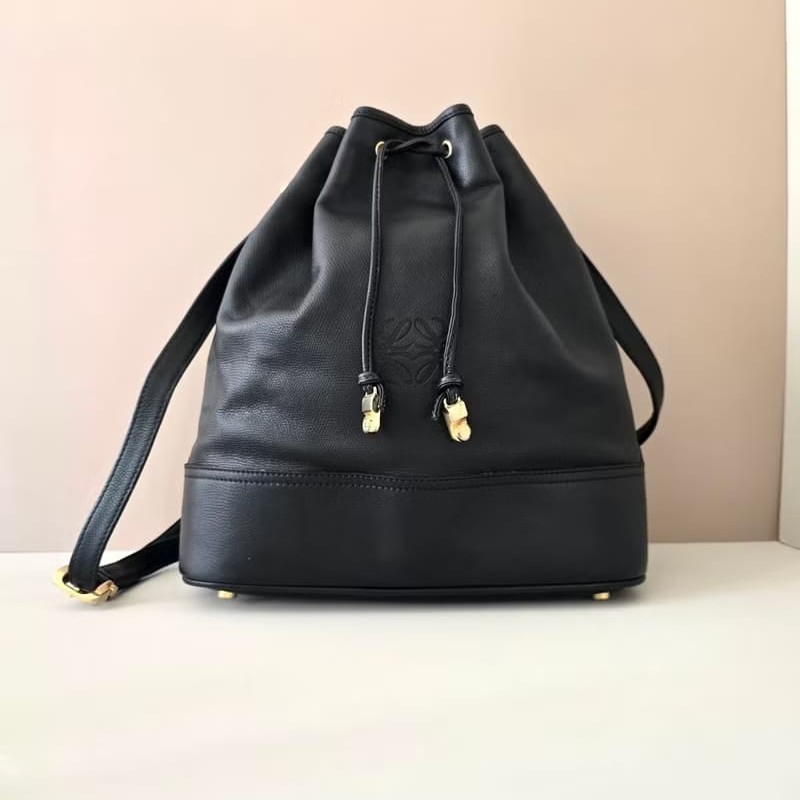 【LA LUNE】絕版古董包 Loewe 黑色中古水桶包 單肩包 皮革包 斜背復古二手包-2