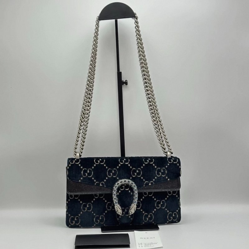 GUCCI 深藍色絲絨鑽扣酒神肩背包25*15*7.5 98新配件塵袋-0