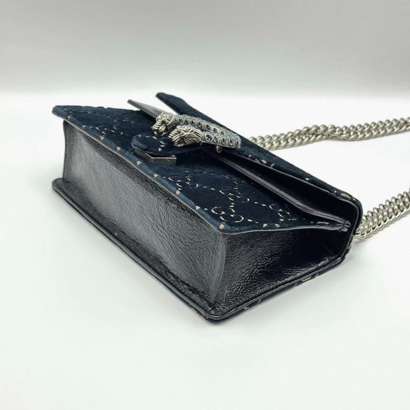 GUCCI 深藍色絲絨鑽扣酒神肩背包25*15*7.5 98新配件塵袋-1