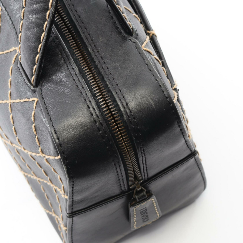 香奈兒 (CHANEL) 野性縫線托特手提包，黑色皮革，二手，女士，金色五金-10