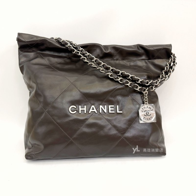 ❣Chanel 摩卡色牛皮霧銀釦22小號肩背包-0