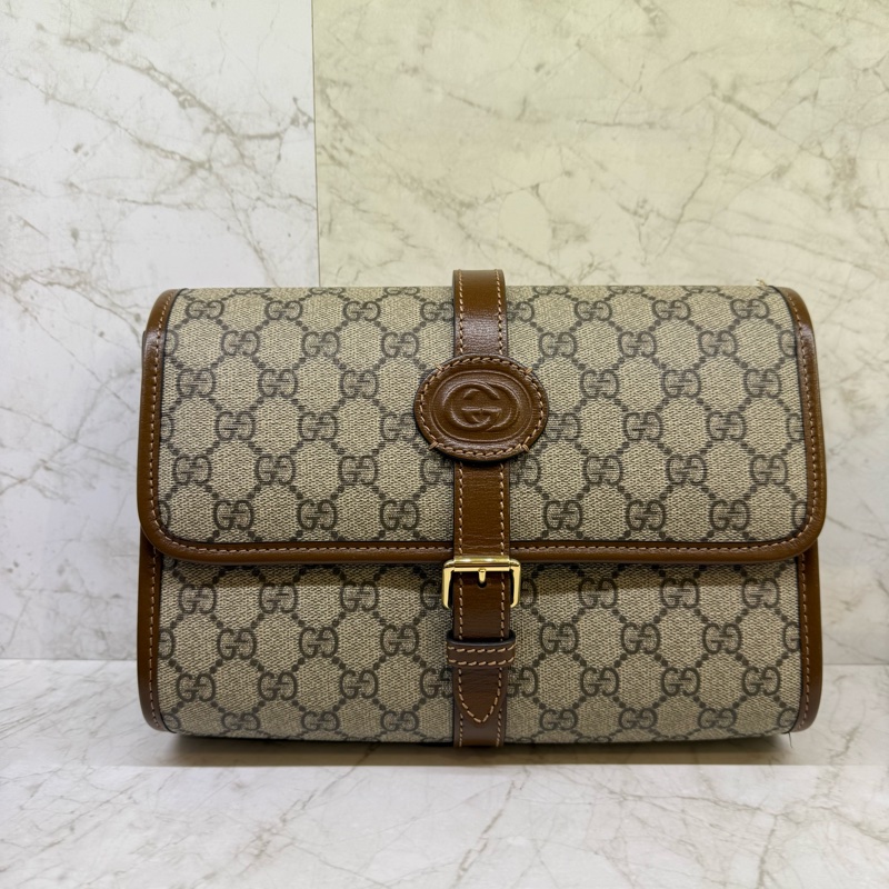 GUCCI老花拼咖啡皮革翻蓋郵差包-0