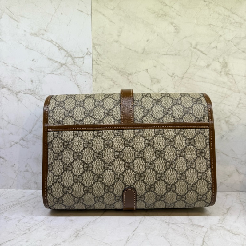 GUCCI老花拼咖啡皮革翻蓋郵差包-1