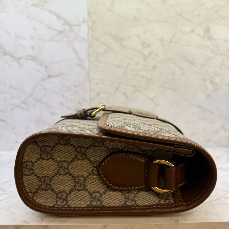 GUCCI老花拼咖啡皮革翻蓋郵差包-2