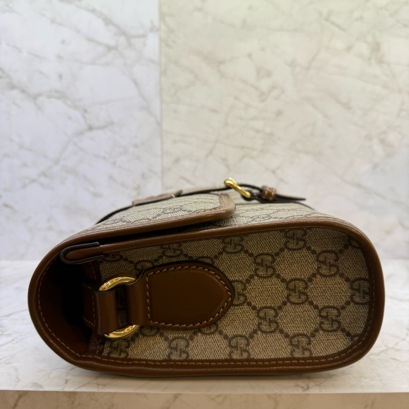 GUCCI老花拼咖啡皮革翻蓋郵差包-3