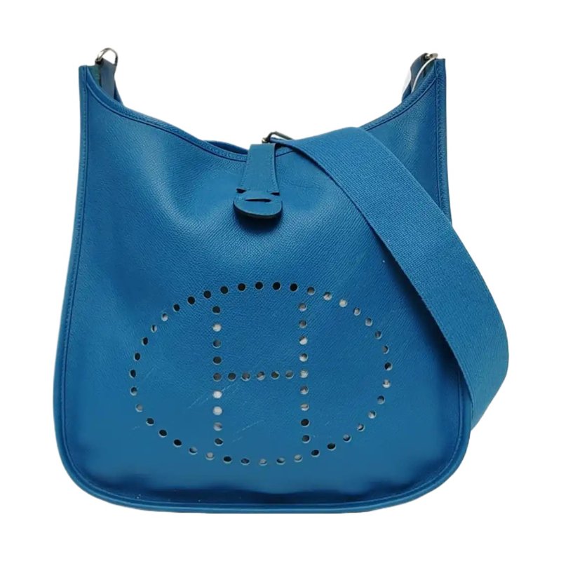 HERMÈS Evelyne GM 坦桑尼亞藍Epsom牛皮鏤空伊芙琳32肩背包 斜背包銀色五金 可拆卸肩帶-0