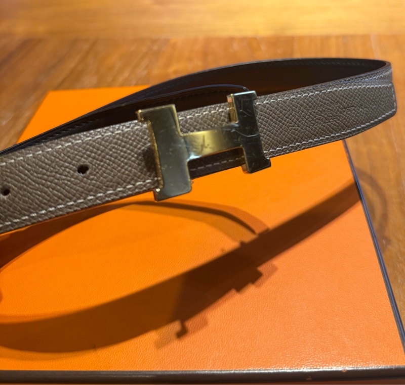 Hermes 2mm雙色皮帶 大象灰拼黑色 90cm-1