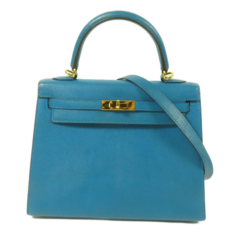 HERMES Chevre皮革Kelly 25金扣手挽肩背兩用袋Blue Zanzibar-0