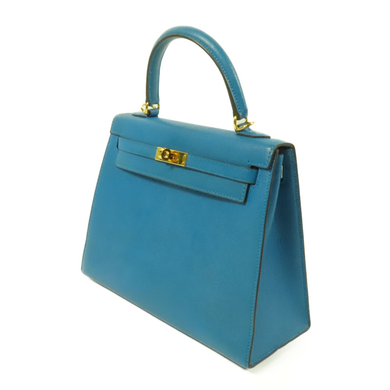 HERMES Chevre皮革Kelly 25金扣手挽肩背兩用袋Blue Zanzibar-2