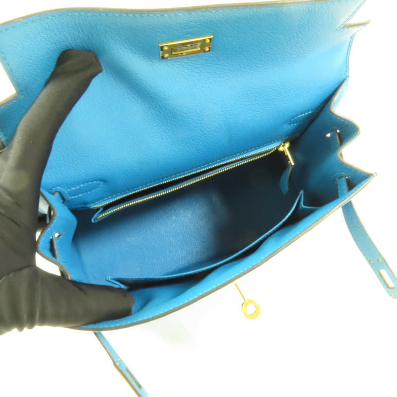HERMES Chevre皮革Kelly 25金扣手挽肩背兩用袋Blue Zanzibar-4