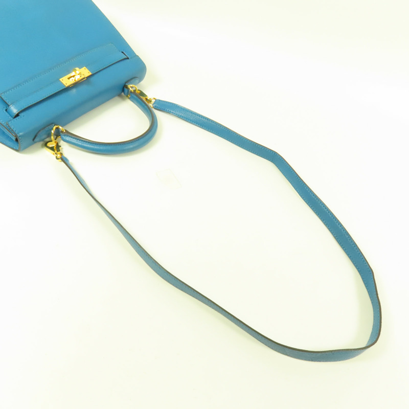 HERMES Chevre皮革Kelly 25金扣手挽肩背兩用袋Blue Zanzibar-5