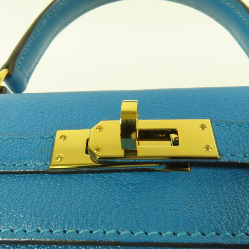 HERMES Chevre皮革Kelly 25金扣手挽肩背兩用袋Blue Zanzibar-6