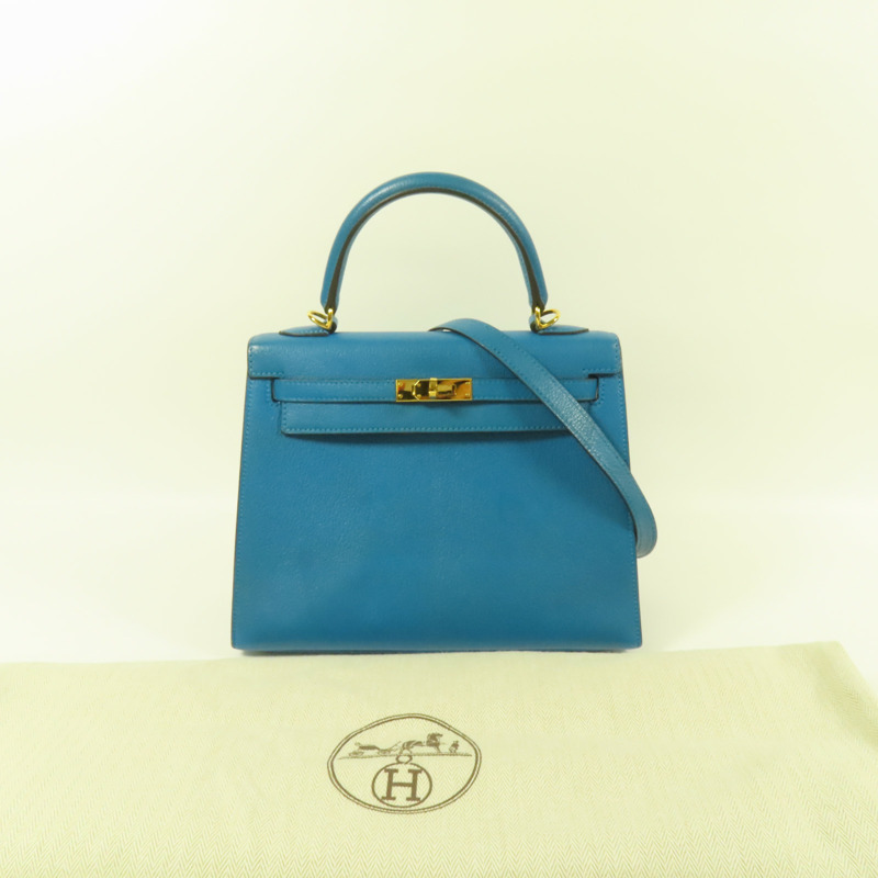 HERMES Chevre皮革Kelly 25金扣手挽肩背兩用袋Blue Zanzibar-11