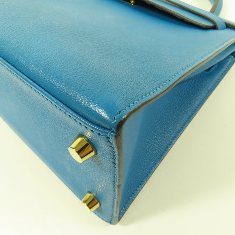 HERMES Chevre皮革Kelly 25金扣手挽肩背兩用袋Blue Zanzibar-13
