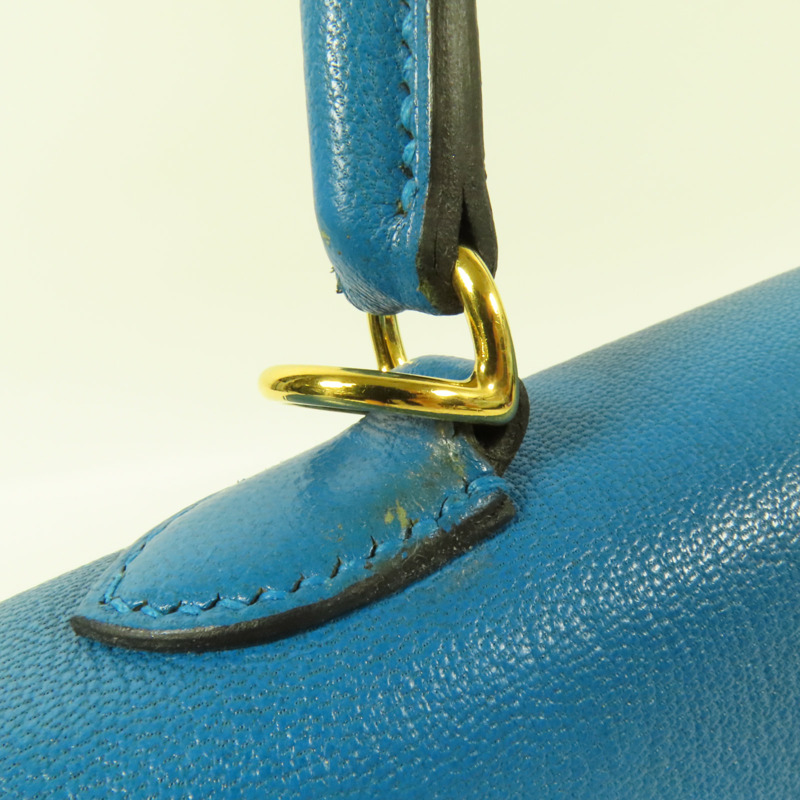 HERMES Chevre皮革Kelly 25金扣手挽肩背兩用袋Blue Zanzibar-16