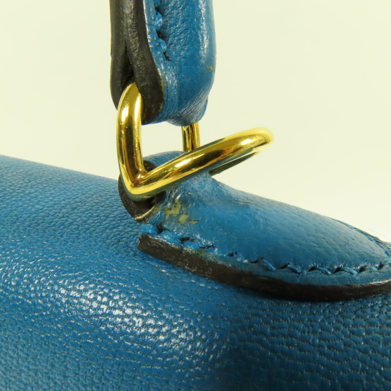 HERMES Chevre皮革Kelly 25金扣手挽肩背兩用袋Blue Zanzibar-17