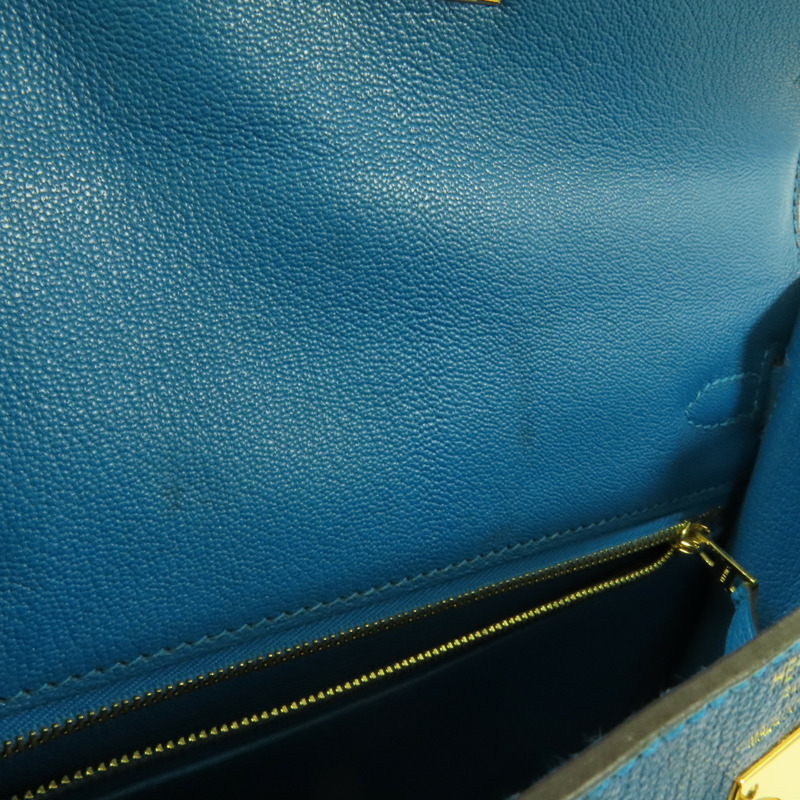 HERMES Chevre皮革Kelly 25金扣手挽肩背兩用袋Blue Zanzibar-19