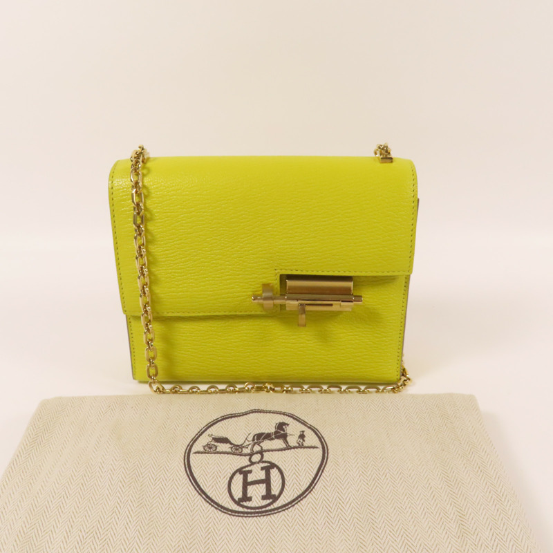 HERMES Chevre皮革Verrou Mini金扣鏈帶肩背袋Lime-9
