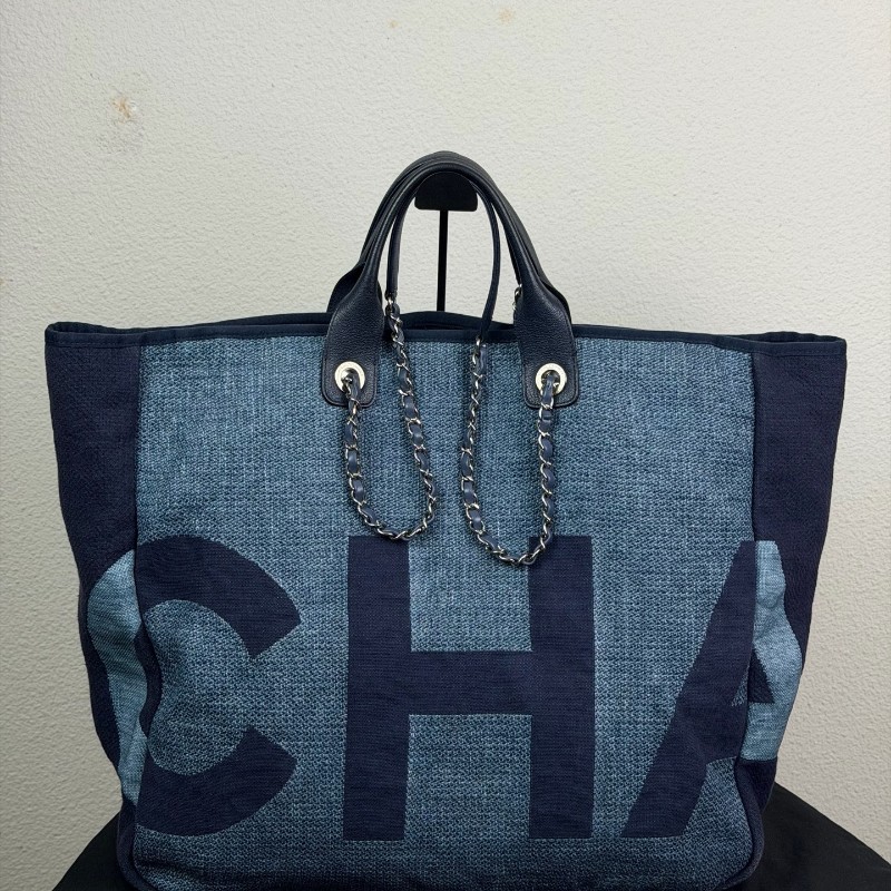 Chanel香奈儿 牛仔編織字母沙灘托特包肩背包手提包-0