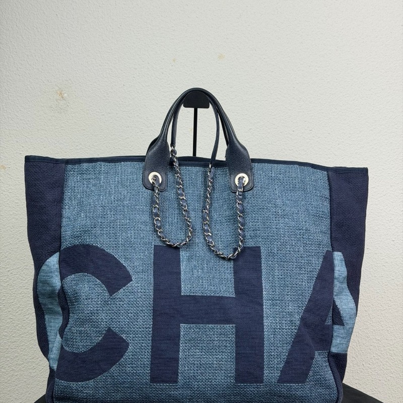 Chanel香奈儿 牛仔編織字母沙灘托特包肩背包手提包-1