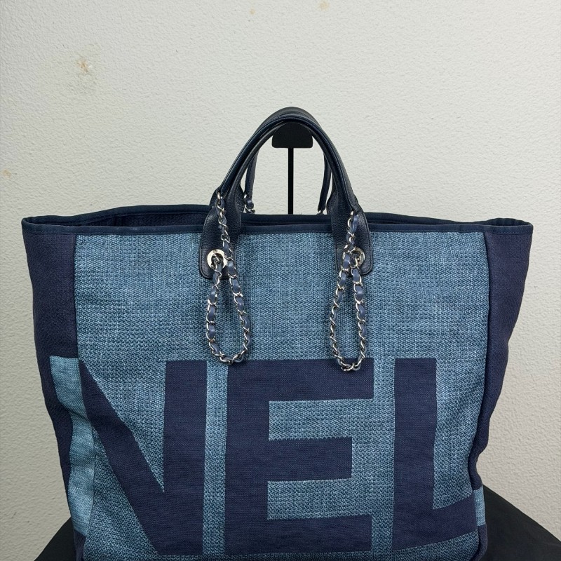 Chanel香奈儿 牛仔編織字母沙灘托特包肩背包手提包-2