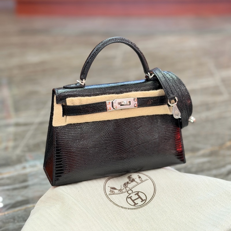 Brand new hermes mini kelly noir lizard phw stamp k -1