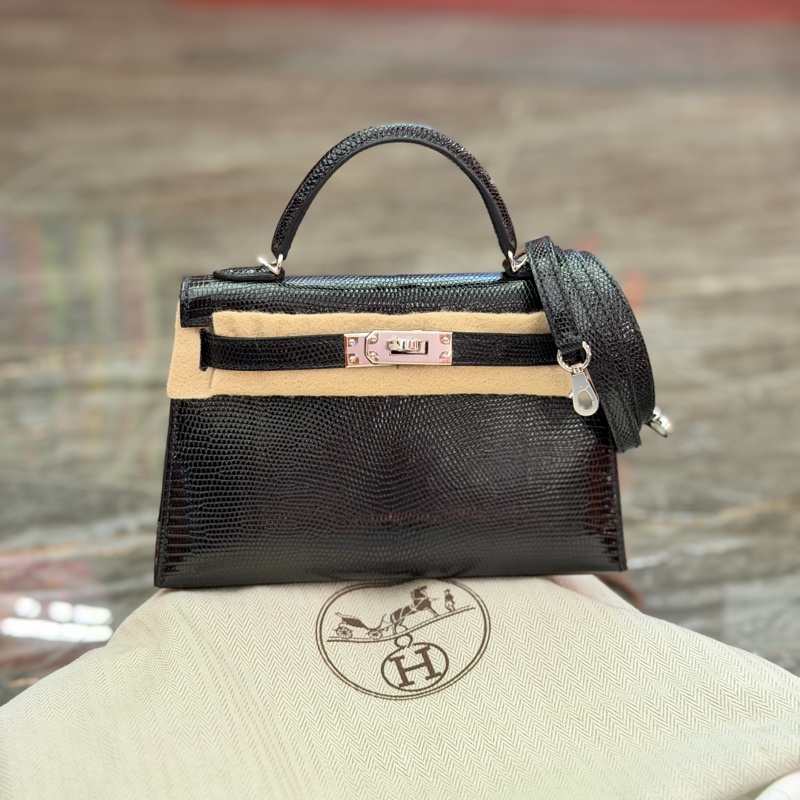 Brand new hermes mini kelly noir lizard phw stamp k -2