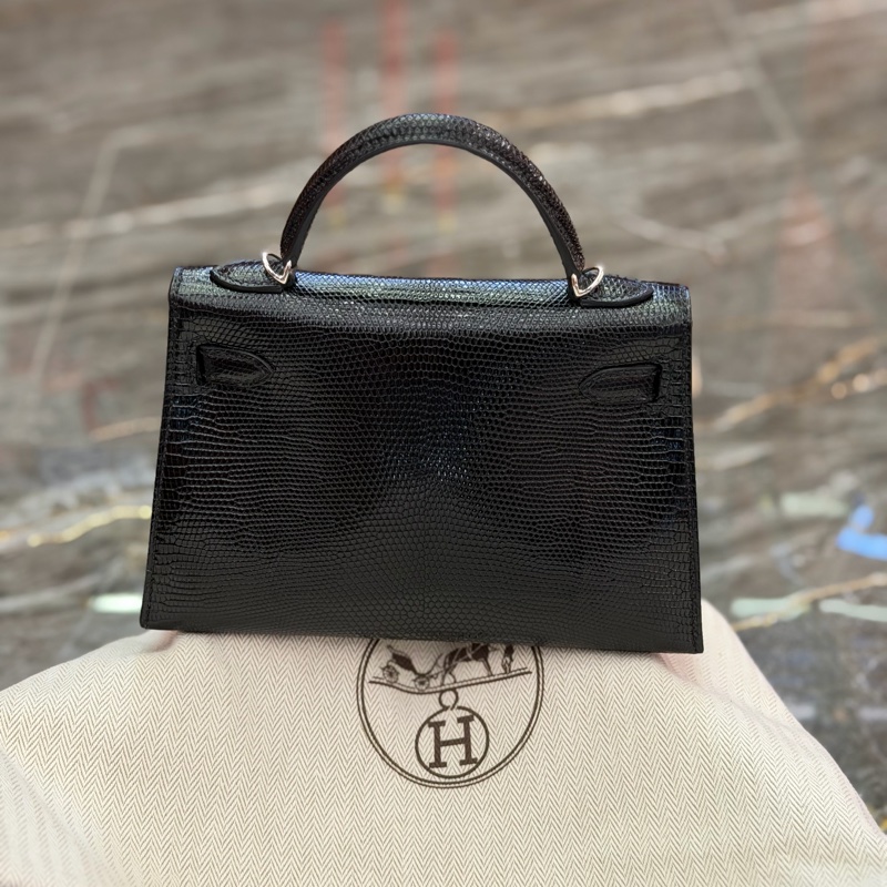 Brand new hermes mini kelly noir lizard phw stamp k -3
