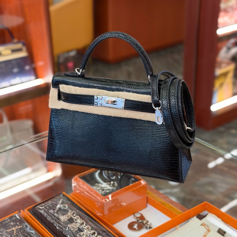 Brand new hermes mini kelly noir lizard phw stamp k -4