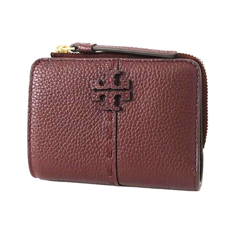 【TORY BURCH】縫線皮革對開二折短夾-酒紅色-0