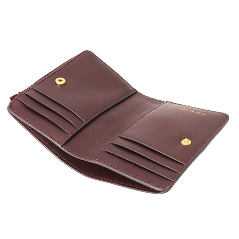 【TORY BURCH】縫線皮革對開二折短夾-酒紅色-3