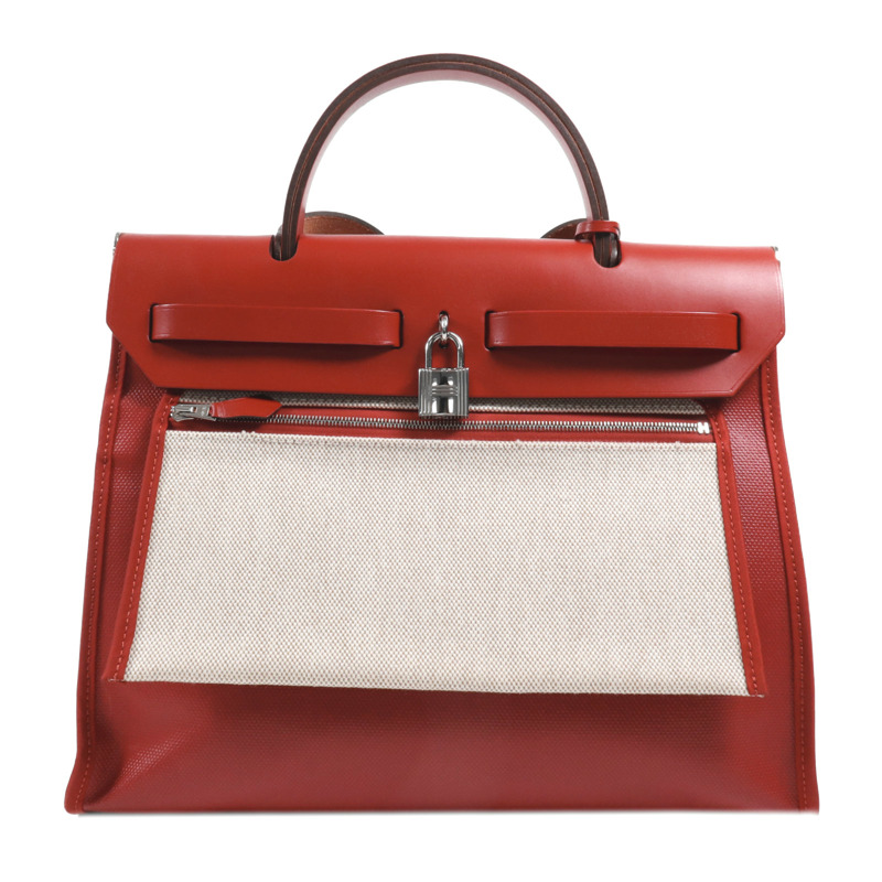 HERMES 塗層帆布Herbag PM銀扣手挽肩背兩用袋Rouge Casaque-1