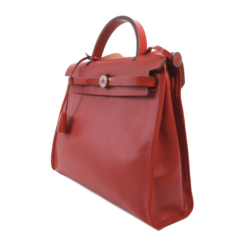 HERMES 塗層帆布Herbag PM銀扣手挽肩背兩用袋Rouge Casaque-2