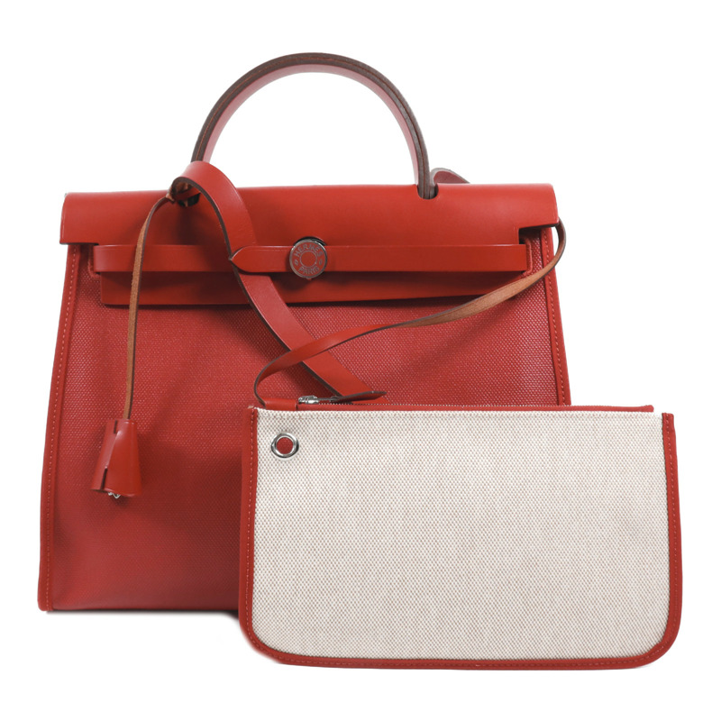 HERMES 塗層帆布Herbag PM銀扣手挽肩背兩用袋Rouge Casaque-9
