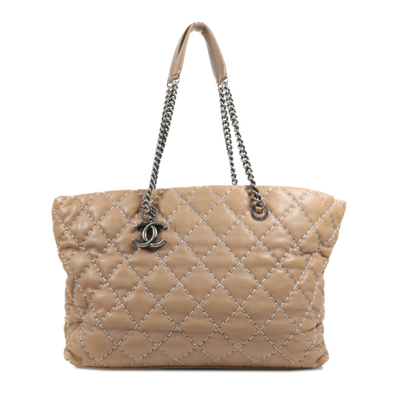 CHANEL 牛皮皮革Tote Bag銀扣肩背袋-0