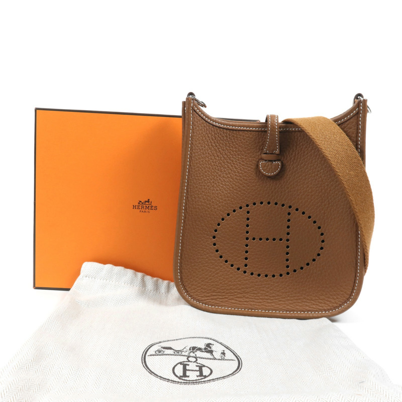 HERMES Clemence皮革Evelyne TPM銀扣肩背袋Gold-9