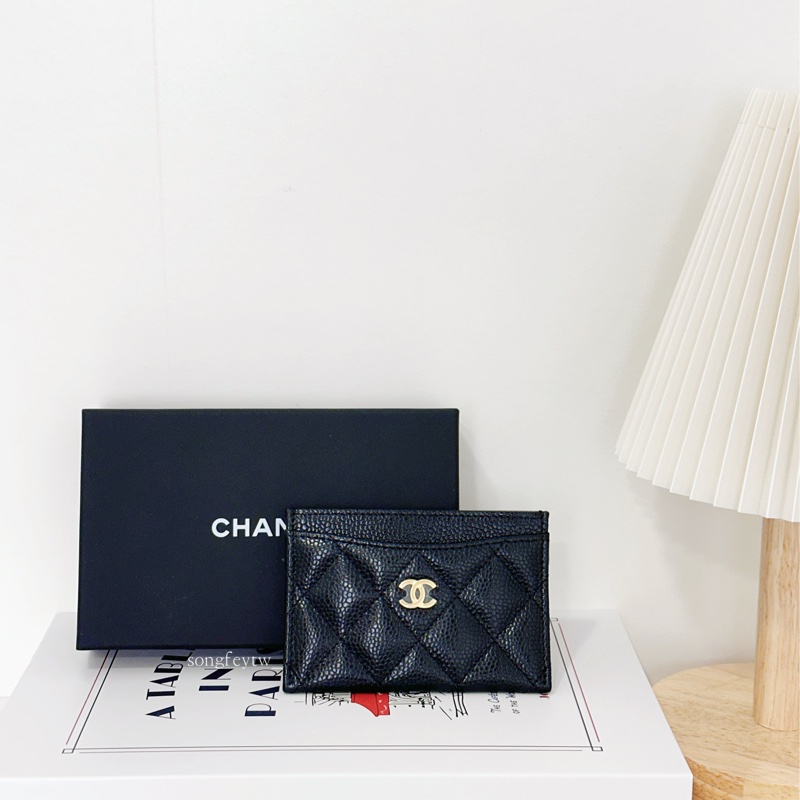 Chanel 經典 粒紋小牛皮 黑金卡片夾-0