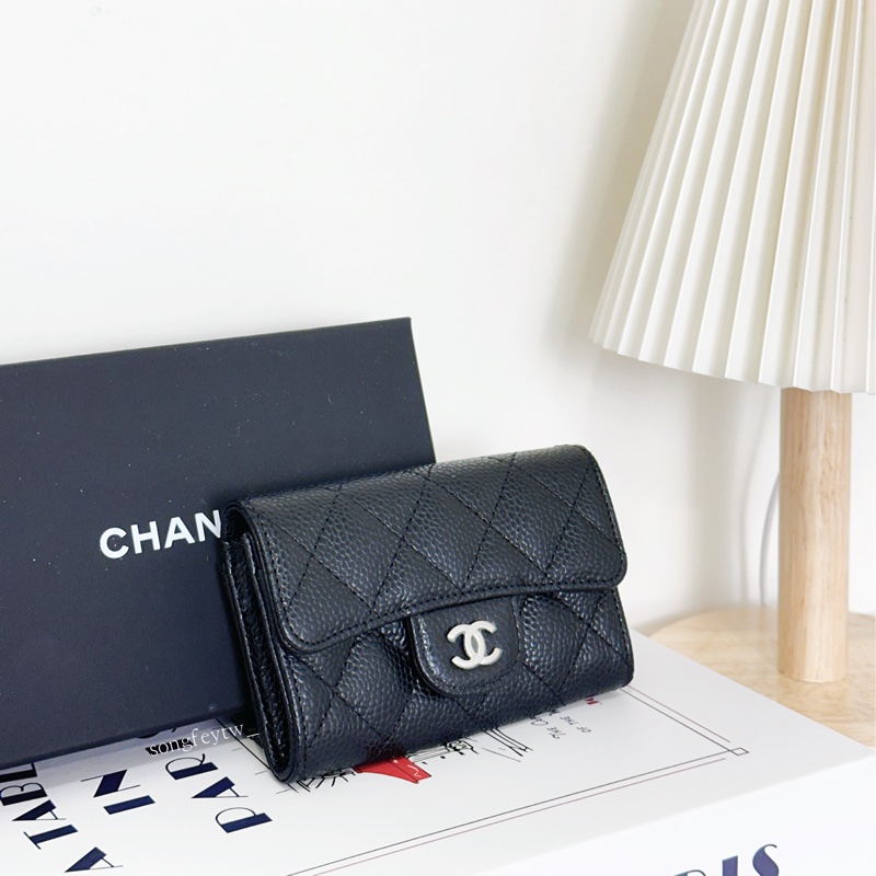 Chanel 黑銀 荔紋小牛皮 信封卡包-1