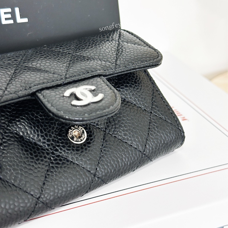 Chanel 黑銀 荔紋小牛皮 信封卡包-5