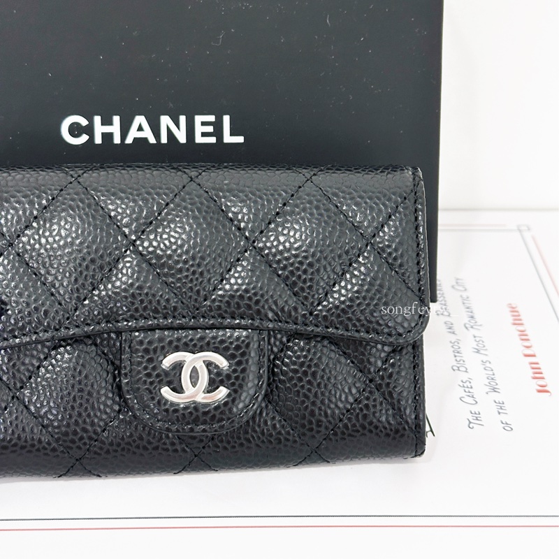 Chanel 黑銀 荔紋小牛皮 信封卡包-6