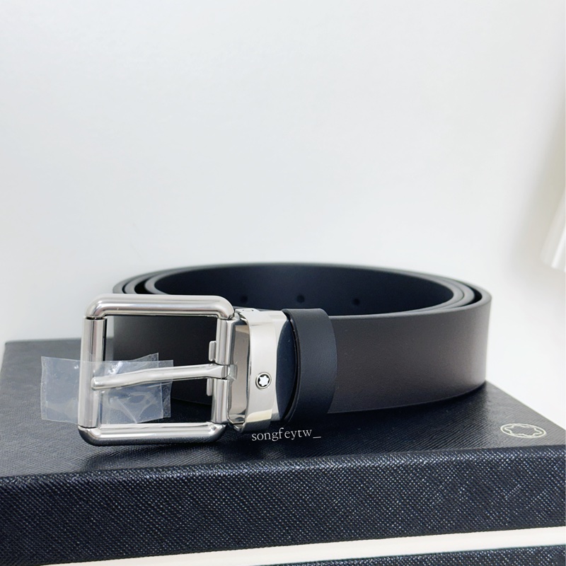 萬寶龍 滑面銀釦 素面皮帶-1