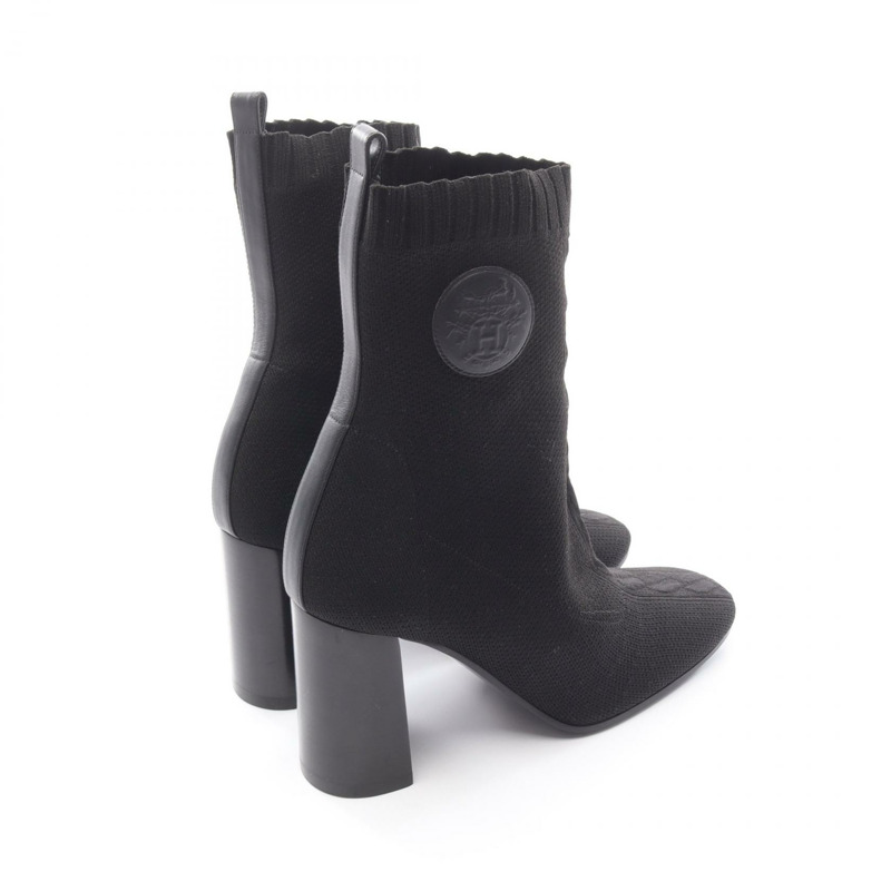 愛馬仕 JENNA 60 短靴 #38 鞋跟 H242198Z 皮革織物黑色二手女靴-1