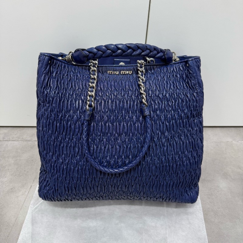 MiuMiu 羊皮皺褶托特手提包 tote包 寶石藍色  肩背包-0